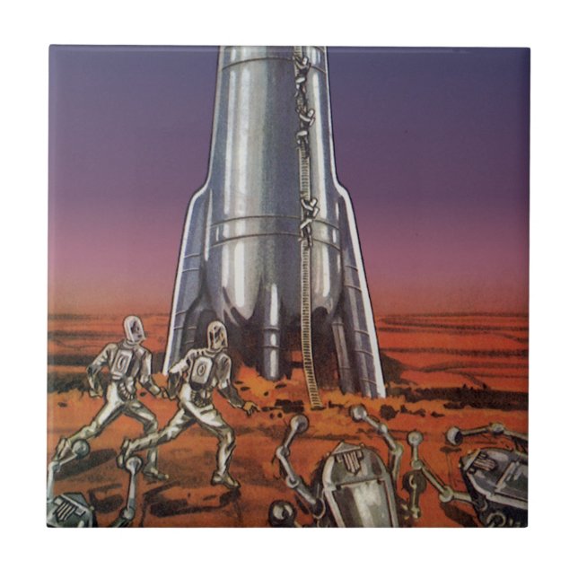 Vintage Science Fiction, Astronauts Beetle Aliens Ceramic Tile (Front)