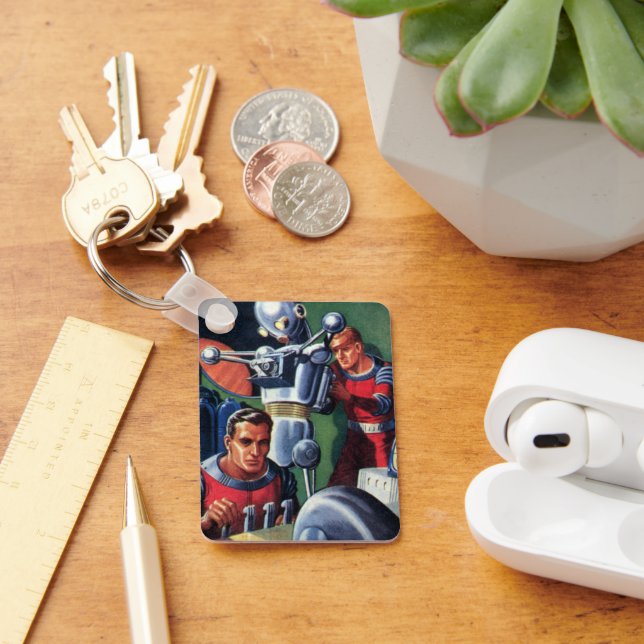 Vintage Science Fiction Astronauts Fixing a Robot Keychain (Desk)