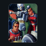 Vintage Science Fiction Astronauts Fixing a Robot Magnet<br><div class="desc">Vintage illustration futuristic Science Fiction aliens and robots image featuring a man working on his metal robot. One astronaut is a pilot manning the controls of their rocket. Classic retro 50 s comic book style sci fi design.</div>