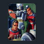 Vintage Science Fiction Astronauts Fixing a Robot Magnet<br><div class="desc">Vintage illustration futuristic Science Fiction aliens and robots image featuring a man working on his metal robot. One astronaut is a pilot manning the controls of their rocket. Classic retro 50 s comic book style sci fi design.</div>