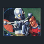 Vintage Science Fiction Astronauts Fixing a Robot Postcard<br><div class="desc">Vintage illustration futuristic Science Fiction aliens and robots image featuring a man working on his metal robot. One astronaut is a pilot manning the controls of their rocket. Classic retro 50 s comic book style sci fi design.</div>