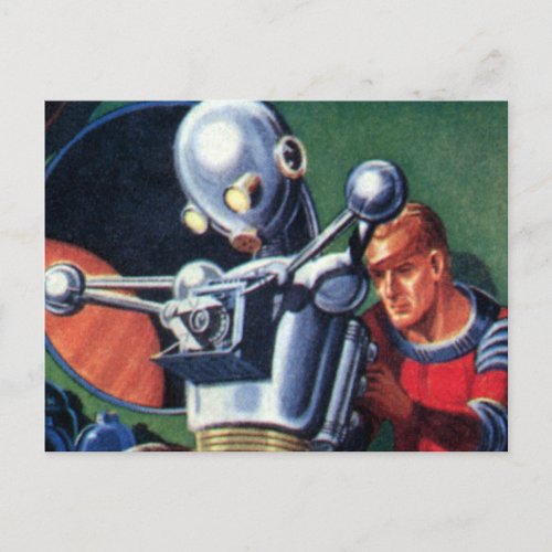 Vintage Science Fiction Astronauts Fixing a Robot Postcard