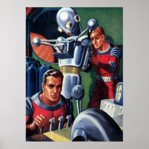 Vintage Science Fiction Astronauts Fixing a Robot Poster
