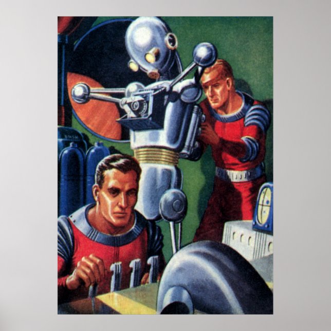 Vintage Science Fiction Astronauts Fixing a Robot Poster (Front)