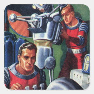 Vintage Science Fiction Astronauts Fixing a Robot Square Sticker