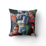 Vintage Science Fiction Astronauts Fixing a Robot Throw Pillow