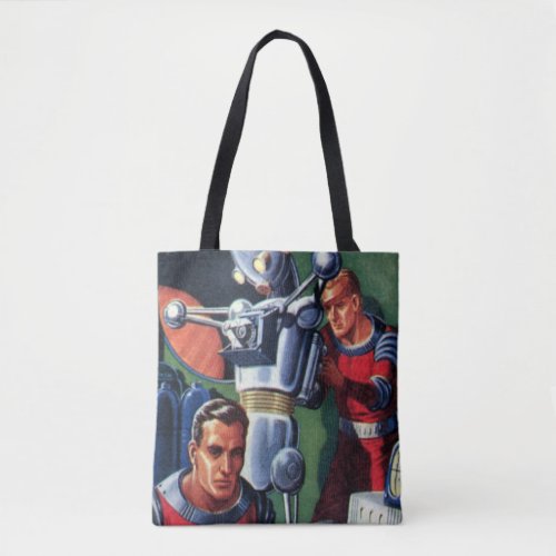 Vintage Science Fiction Astronauts Fixing a Robot Tote Bag