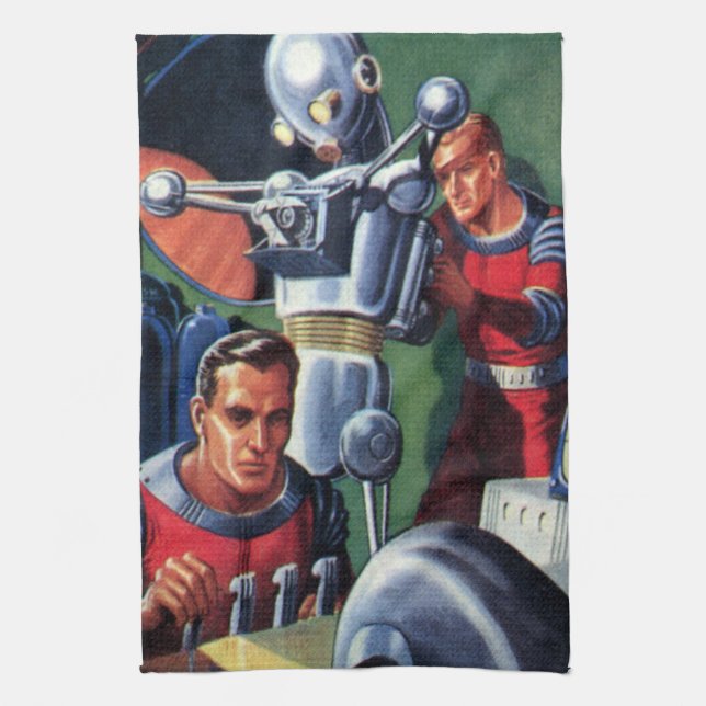 Vintage Science Fiction Astronauts Fixing a Robot Towel (Vertical)