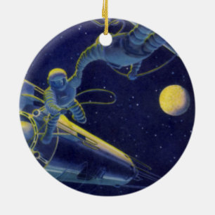Vintage Science Fiction Astronauts in Outer Space Ceramic Ornament