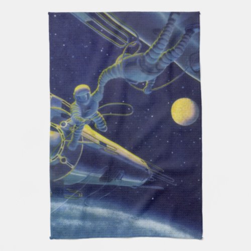 Vintage Science Fiction Astronauts in Outer Space Kitchen Towel