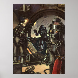 Vintage Science Fiction Astronauts on a Space Walk Poster
