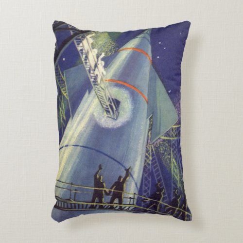 Vintage Science Fiction Astronauts on Rocket Ship Accent Pillow