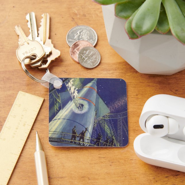 Vintage Science Fiction Astronauts on Rocket Ship Keychain (Desk)