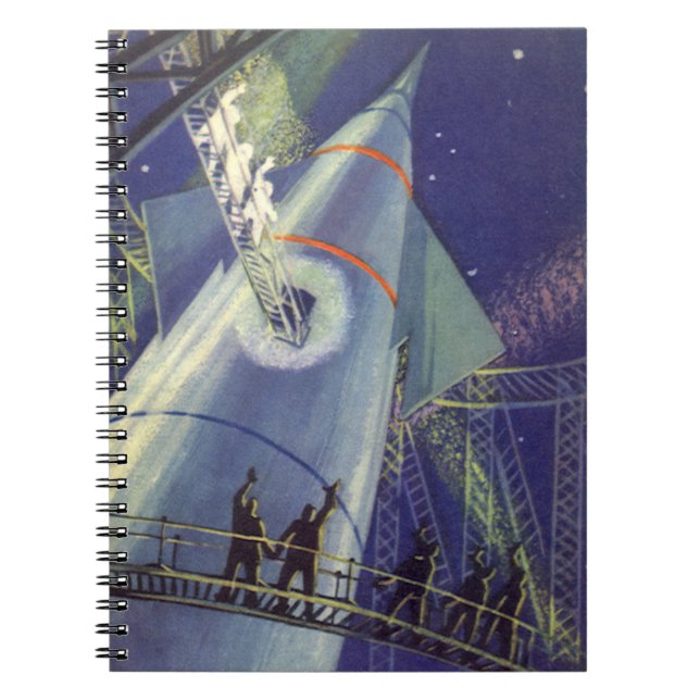 Vintage Science Fiction Astronauts on Rocket Ship Notebook (Front)