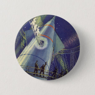 Vintage Science Fiction Astronauts on Rocket Ship Pinback Button