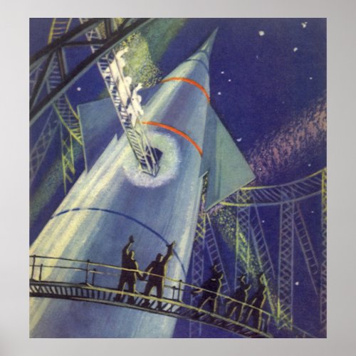 Vintage Science Fiction Astronauts on Rocket Ship Poster