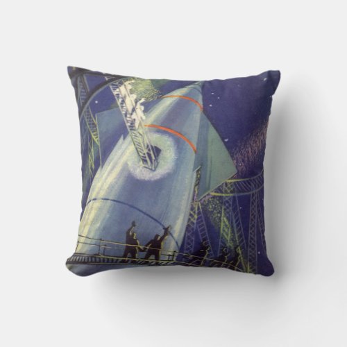 Vintage Science Fiction Astronauts on Rocket Ship Throw Pillow