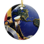 Vintage Science Fiction Astronauts Orbiting Earth Ceramic Ornament