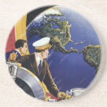 Vintage Science Fiction Astronauts Orbiting Earth Drink Coaster