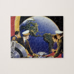 Vintage Science Fiction Astronauts Orbiting Earth Jigsaw Puzzle<br><div class="desc">Vintage illustration futuristic travel and transportation science fiction image featuring pilots flying an aircraft,  rocket or spaceship in outer space over the planet Earth. The astronauts are traveling over North America. A classic 50s retro comic book sci fi design of the future.</div>