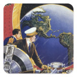 Vintage Science Fiction Astronauts Orbiting Earth Square Sticker