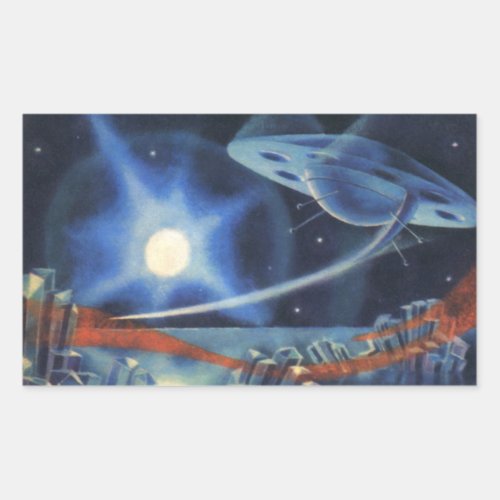 Vintage Science Fiction Blue Spaceship Over Planet Rectangular Sticker