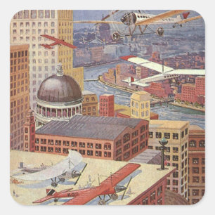 Vintage Science Fiction City, Victorian Steam Punk Square Sticker