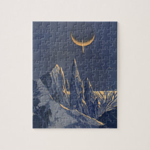 Vintage Science Fiction, Crescent Moon Snow Planet Jigsaw Puzzle