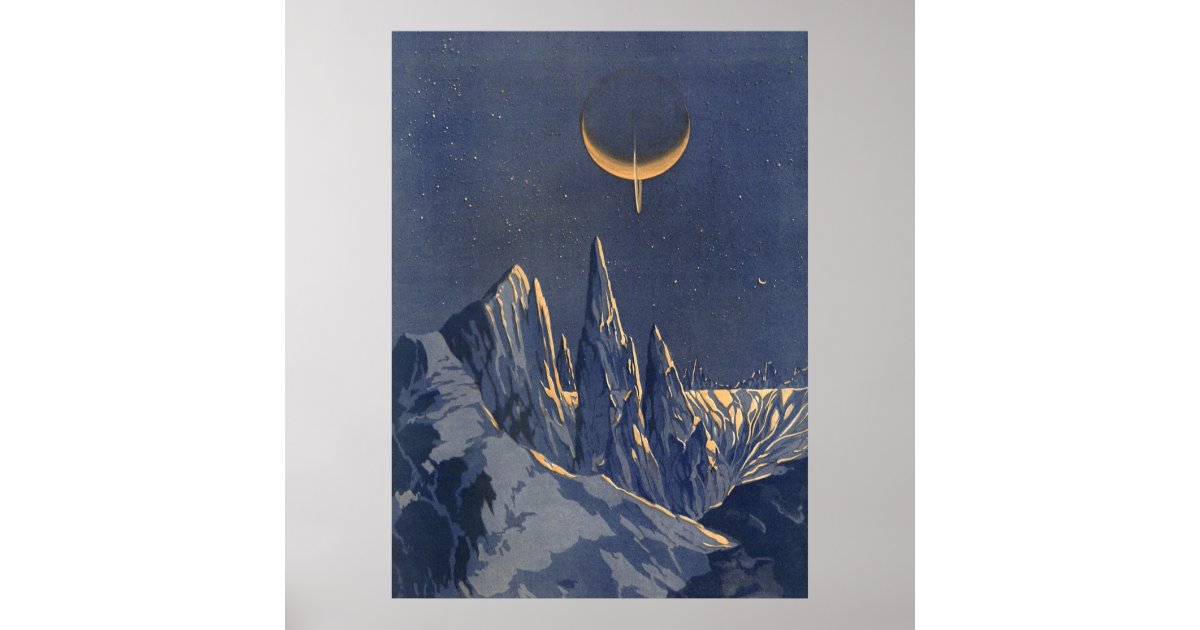 Vintage Science Fiction Crescent Moon Snow Planet Poster Zazzle Com