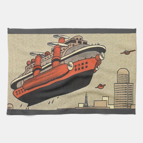 Vintage Science Fiction Cruise Ship Helicopter Kitchen Towel