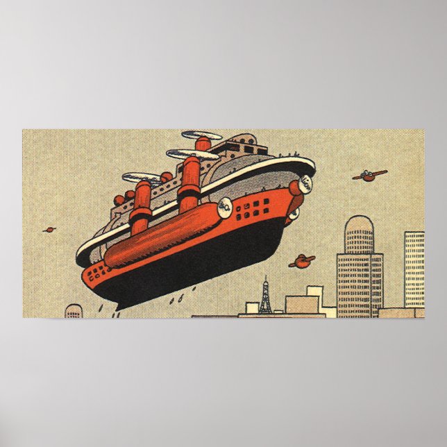 Vintage Science Fiction Cruise Ship Helicopter Poster (Front)