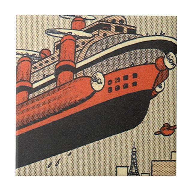 Vintage Science Fiction Cruise Ship Helicopter Tile (Front)