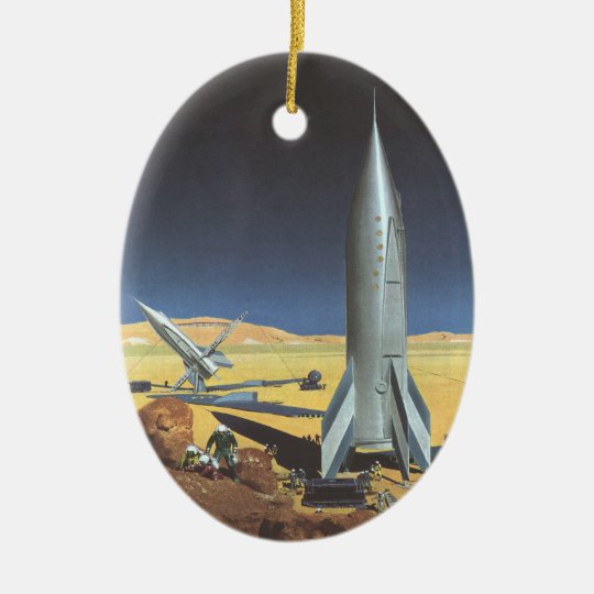 Vintage Science Fiction Desert Planet with Rockets Ceramic Ornament