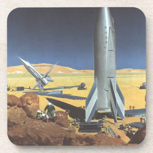 Vintage Science Fiction Desert Planet with Rockets Coaster