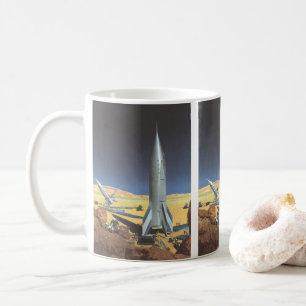 Vintage Science Fiction Desert Planet with Rockets Coffee Mug