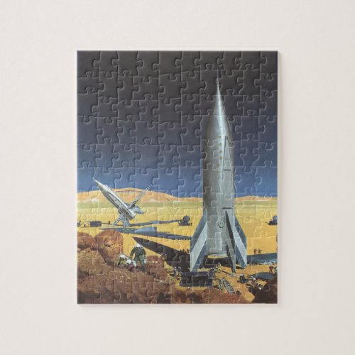 Vintage Science Fiction Desert Planet with Rockets Jigsaw Puzzle