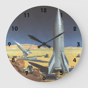 Vintage Science Fiction Desert Planet with Rockets Large Clock