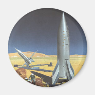 Vintage Science Fiction Desert Planet with Rockets Magnet