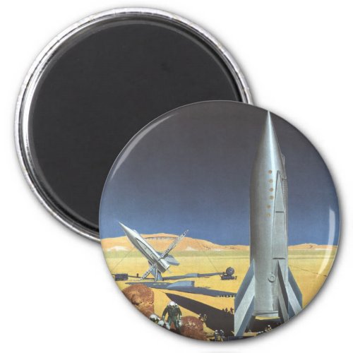 Vintage Science Fiction Desert Planet with Rockets Magnet