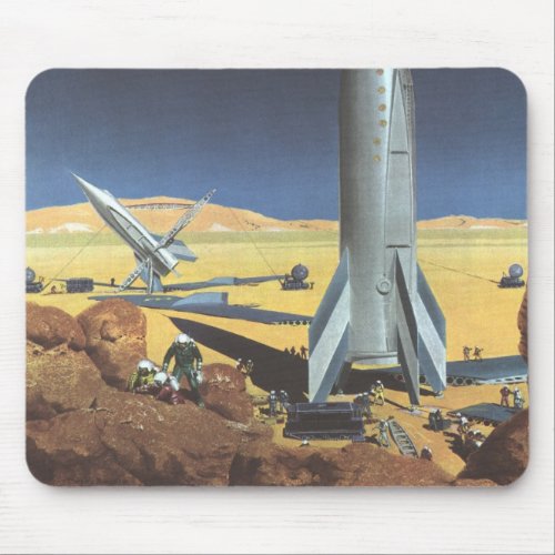 Vintage Science Fiction Desert Planet with Rockets Mouse Pad