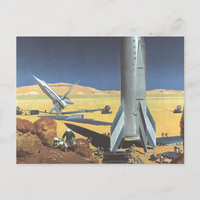 Vintage Science Fiction Desert Planet with Rockets Postcard (Front)
