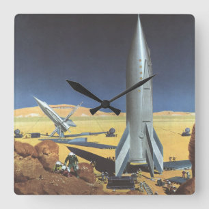 Vintage Science Fiction Desert Planet with Rockets Square Wall Clock