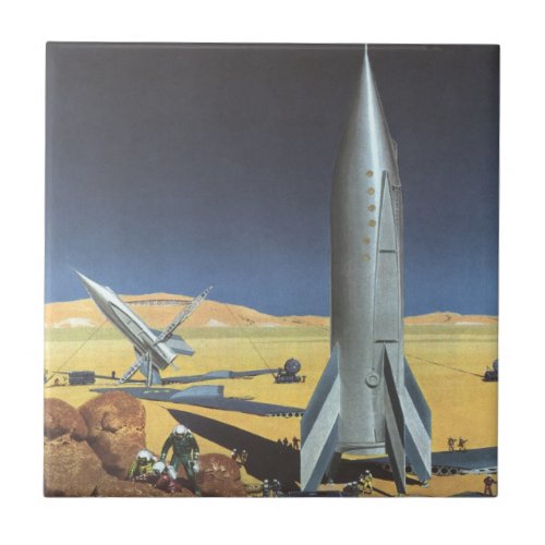 Vintage Science Fiction Desert Planet with Rockets Tile