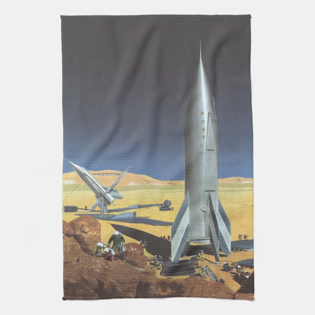 Vintage Science Fiction Desert Planet with Rockets Towel (Vertical)