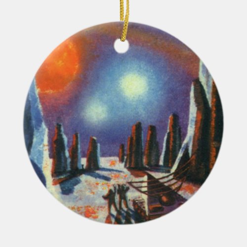 Vintage Science Fiction Foreign Planet with Aliens Ceramic Ornament