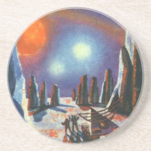 Vintage Science Fiction Foreign Planet with Aliens Sandstone Coaster