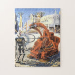 Vintage Science Fiction Futuristic City Alien Wars Jigsaw Puzzle<br><div class="desc">Vintage illustration futuristic Science Fiction aliens and robots image. A classic retro sci fi futuristic design featuring aliens in a fight or battle in a metropolis of the future with buildings in ruins all around them.</div>