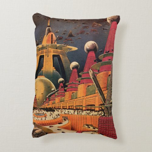Vintage Science Fiction Futuristic City Flying Car Accent Pillow