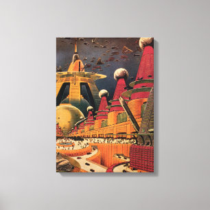 Vintage Science Fiction Futuristic City Flying Car Canvas Print