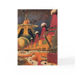Vintage Science Fiction Futuristic City Flying Car Card